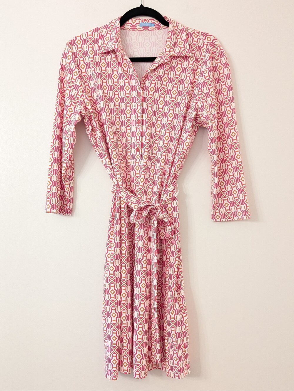 J. McLaughlin Women's Pink Geometric Brynn Tie Waist Shirt Dress Sz M